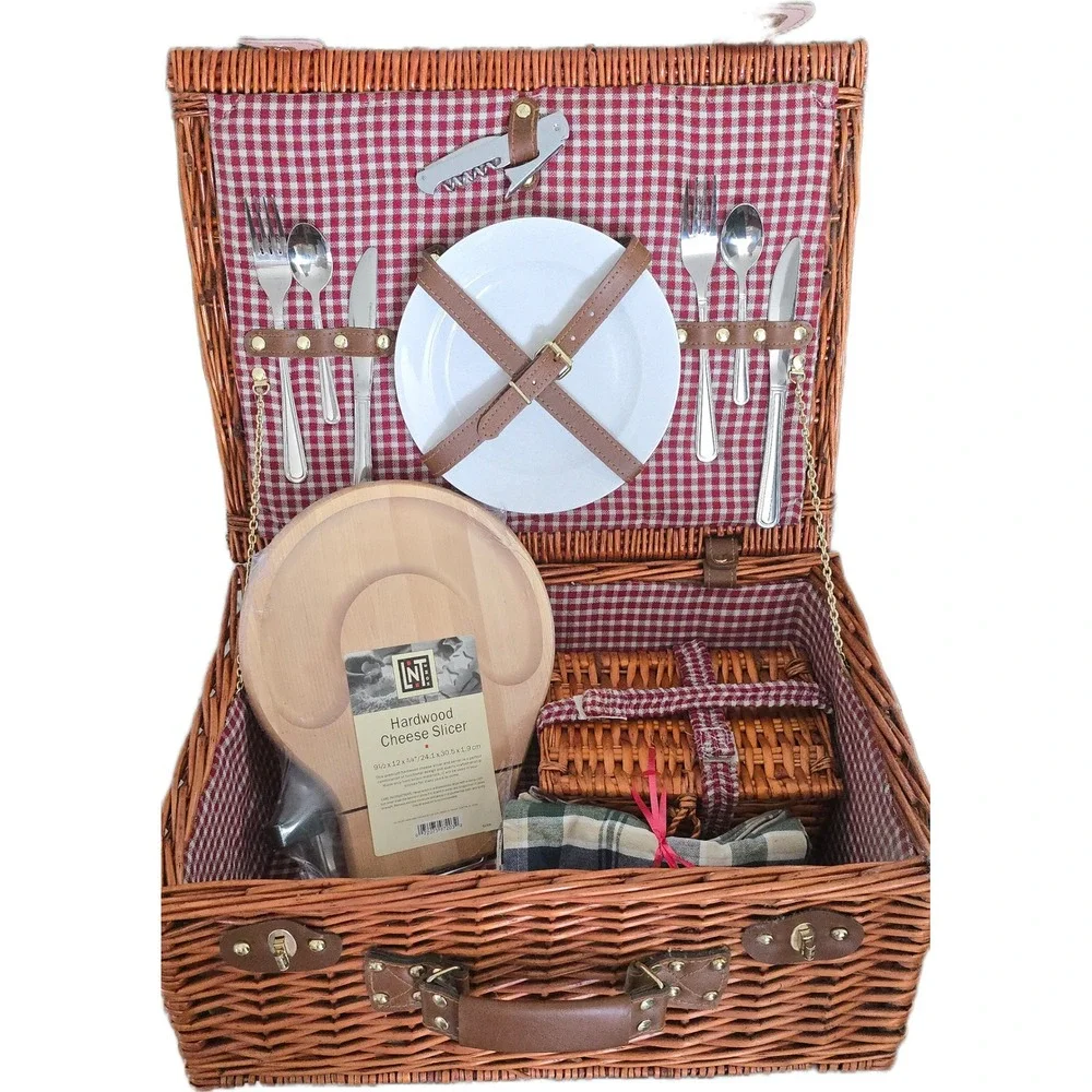 Wicker Picnic Basket for 2 Gingham Line Chz Slicer Plates Cutlery glasses linens